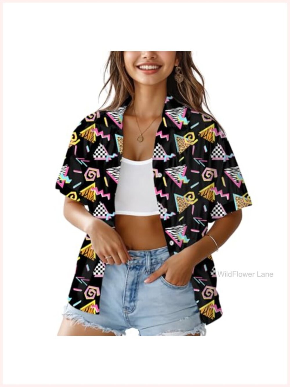 HUGLAZY Women's 80s Hawaiian Button-Down Shirt Short Sleeve Retro Party Blouse